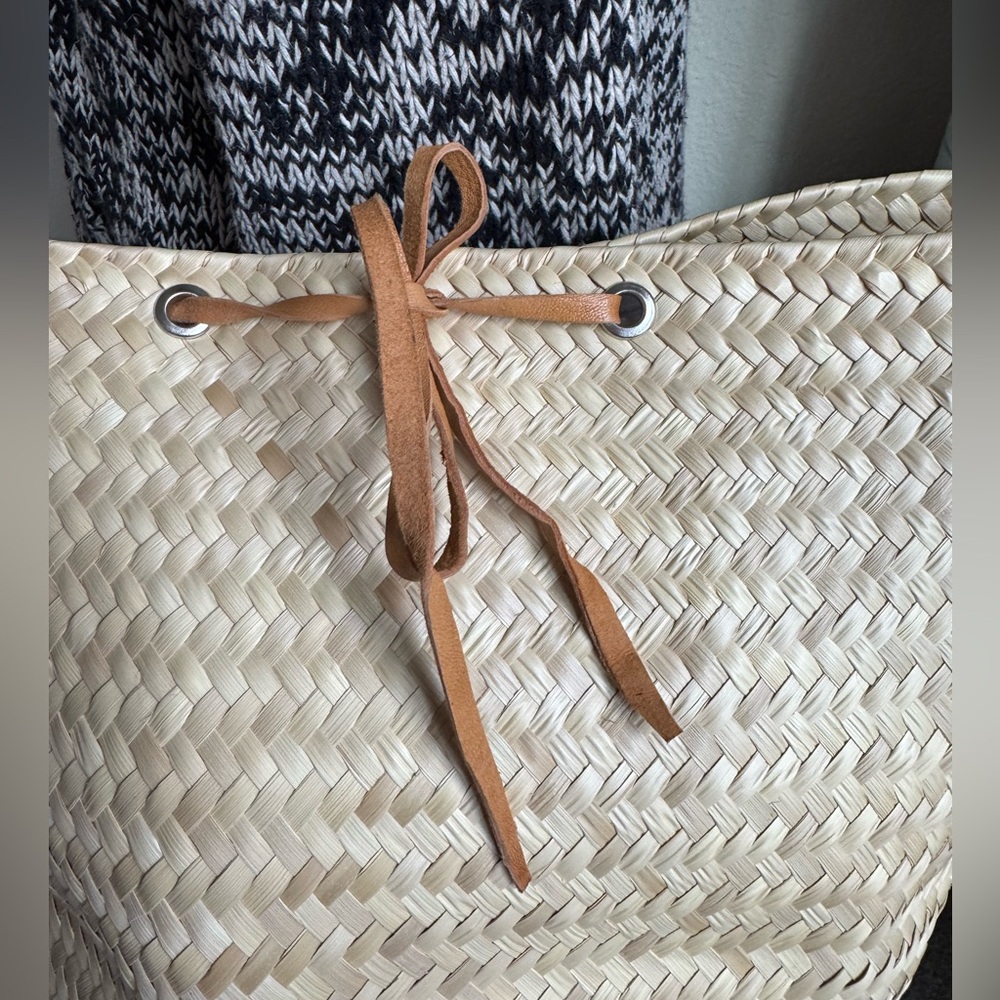 Woven Straw Shoulder Tote Bag with Leather Trim - Natural - Picture 10 of 12